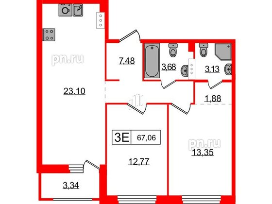 Квартира в ЖК Графика, 2 комнатная, 67.06 м², 2 этаж