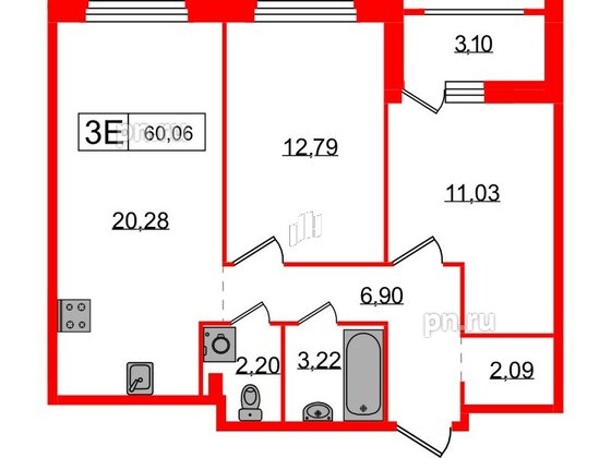 Квартира в ЖК Графика, 2 комнатная, 60.06 м², 1 этаж