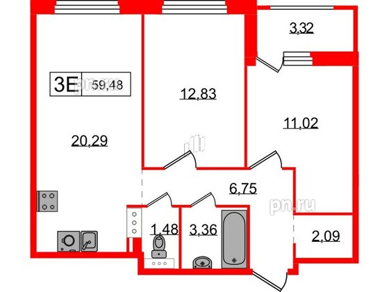 Квартира в ЖК Графика, 2 комнатная, 59.48 м², 2 этаж