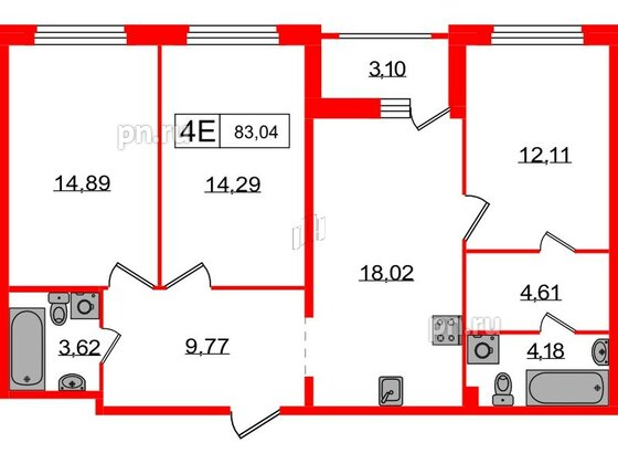 Квартира в ЖК Графика, 3 комнатная, 83.04 м², 1 этаж