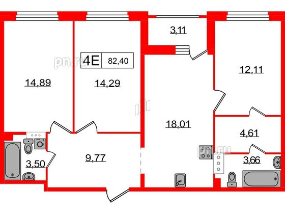 Квартира в ЖК Графика, 3 комнатная, 82.4 м², 2 этаж