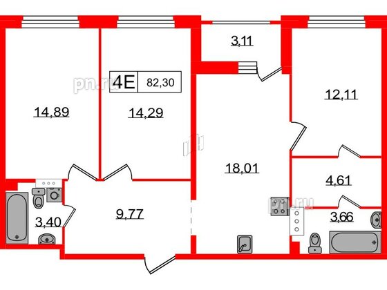 Квартира в ЖК Графика, 3 комнатная, 82.3 м², 3 этаж