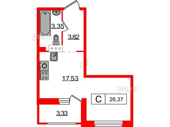 Квартира в ЖК Графика, студия, 26.37 м², 10 этаж