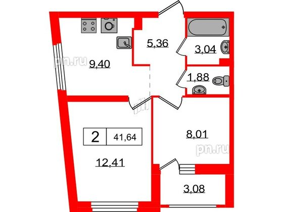 Квартира в ЖК Графика, 2 комнатная, 41.65 м², 1 этаж