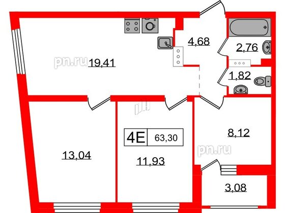 Квартира в ЖК Графика, 3 комнатная, 63.31 м², 2 этаж