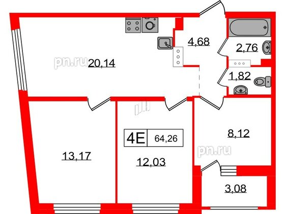 Квартира в ЖК Графика, 3 комнатная, 64.26 м², 5 этаж