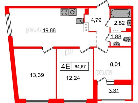 Квартира в ЖК Графика, 3 комнатная, 64.67 м², 6 этаж