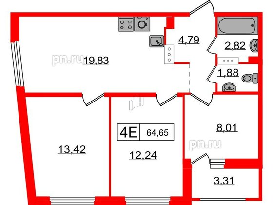 Квартира в ЖК Графика, 3 комнатная, 64.65 м², 7 этаж