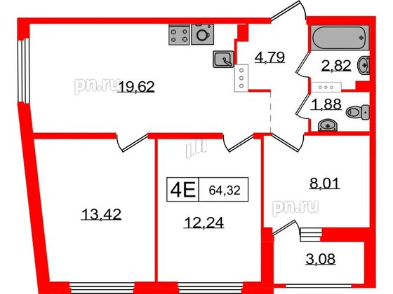 Квартира в ЖК Графика, 3 комнатная, 64.32 м², 8 этаж