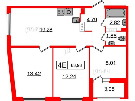 Квартира в ЖК Графика, 3 комнатная, 63.98 м², 9 этаж