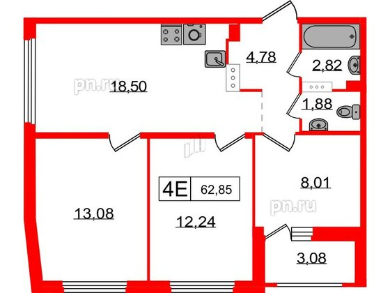 Квартира в ЖК Графика, 3 комнатная, 62.85 м², 11 этаж