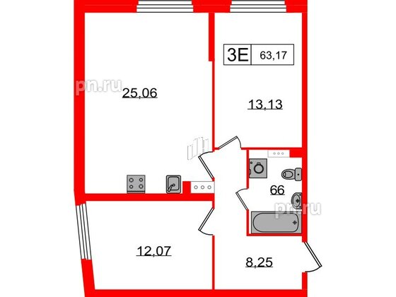 Квартира в ЖК Графика, 2 комнатная, 63.17 м², 3 этаж