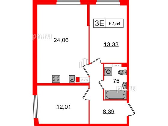 Квартира в ЖК Графика, 2 комнатная, 62.54 м², 5 этаж