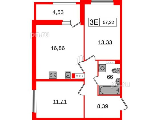 Квартира в ЖК Графика, 2 комнатная, 57.22 м², 6 этаж