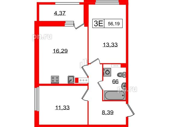 Квартира в ЖК Графика, 2 комнатная, 56.19 м², 7 этаж