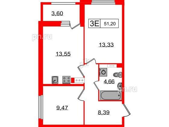 Квартира в ЖК Графика, 2 комнатная, 51.2 м², 12 этаж