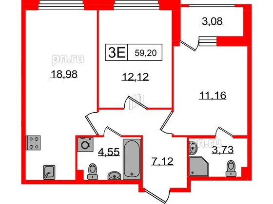 Квартира в ЖК Графика, 2 комнатная, 59.2 м², 1 этаж