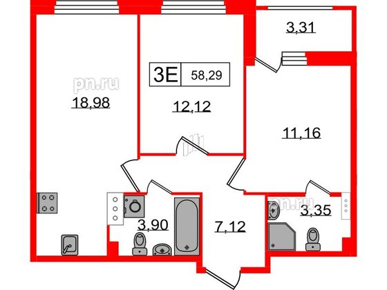 Квартира в ЖК Графика, 2 комнатная, 58.29 м², 2 этаж