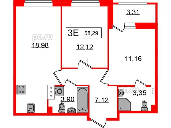 Квартира в ЖК Графика, 2 комнатная, 58.29 м², 9 этаж