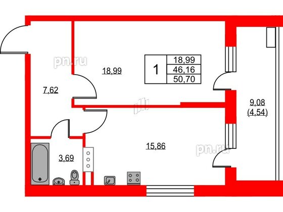 Квартира в ЖК VEREN NEXT Шуваловский, 1 комнатная, 50.4 м², 10 этаж