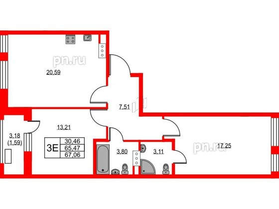 Квартира в ЖК VEREN NEXT Шуваловский, 2 комнатная, 67.5 м², 9 этаж