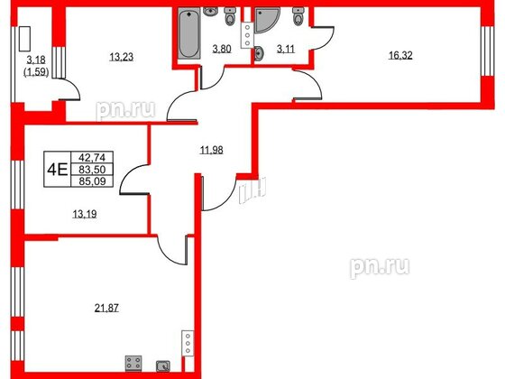 Квартира в ЖК VEREN NEXT Шуваловский, 3 комнатная, 85.7 м², 7 этаж