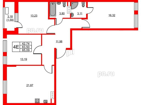 Квартира в ЖК VEREN NEXT Шуваловский, 3 комнатная, 85.8 м², 8 этаж