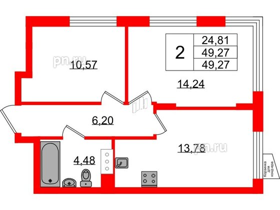 Квартира в ЖК VEREN NORT Сертолово, 2 комнатная, 49.27 м², 2 этаж