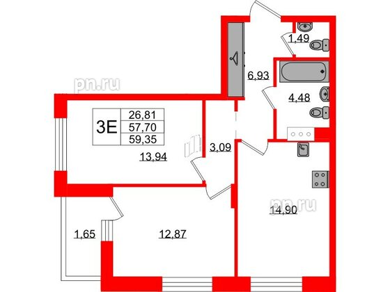 Квартира в ЖК VEREN NORT Сертолово, 2 комнатная, 59.35 м², 6 этаж