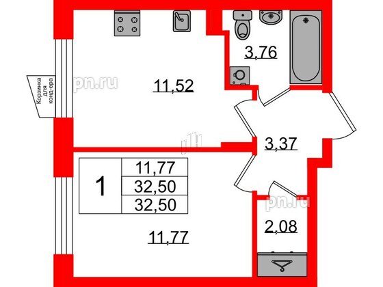 Квартира в ЖК VEREN NORT Сертолово, 1 комнатная, 32.5 м², 1 этаж