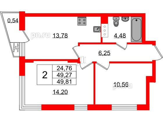 Квартира в ЖК VEREN NORT Сертолово, 2 комнатная, 49.81 м², 5 этаж