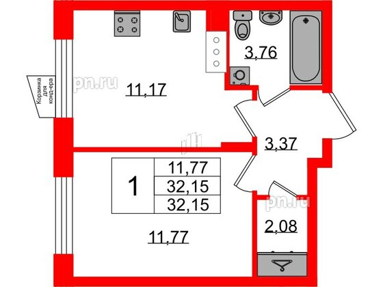 Квартира в ЖК VEREN NORT Сертолово, 1 комнатная, 32.15 м², 2 этаж