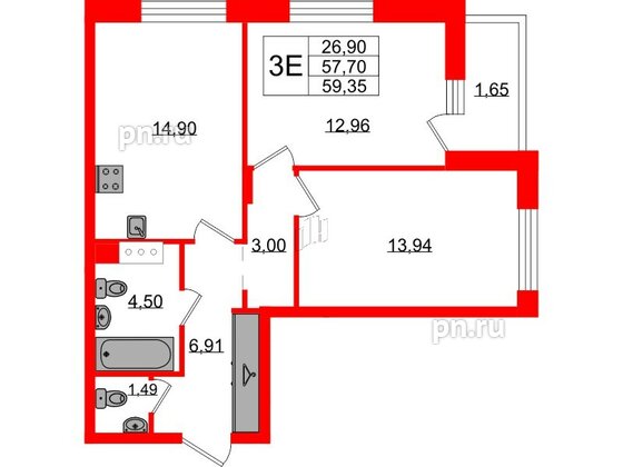 Квартира в ЖК VEREN NORT Сертолово, 2 комнатная, 59.35 м², 7 этаж