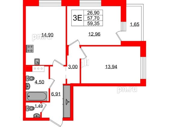 Квартира в ЖК VEREN NORT Сертолово, 2 комнатная, 59.35 м², 8 этаж