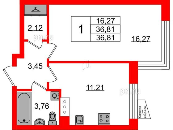 Квартира в ЖК «ВЕРЕН НОРТ Сертолово», 1 комнатная, 36.81 м², 4 этаж