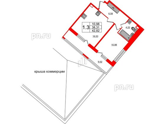 Квартира в ЖК «Пульс Премьер», 1 комнатная, 38.31 м², 2 этаж