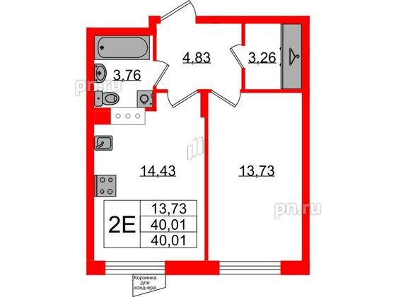 Квартира в ЖК VEREN NORT Сертолово, 1 комнатная, 40.01 м², 2 этаж