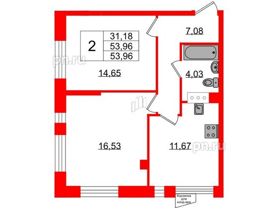 Квартира в ЖК VEREN NORT Сертолово, 2 комнатная, 53.96 м², 2 этаж