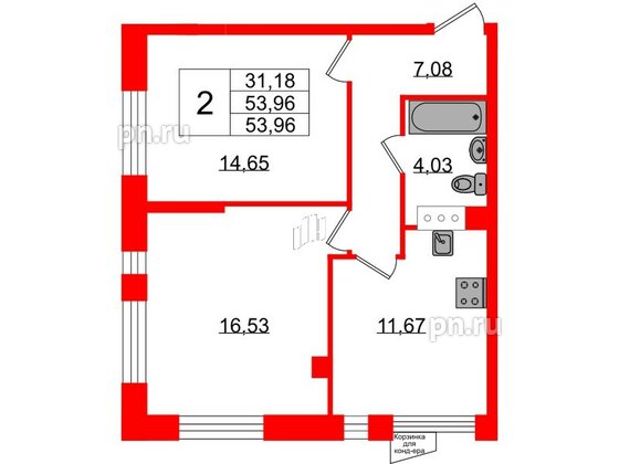 Квартира в ЖК VEREN NORT Сертолово, 2 комнатная, 53.96 м², 3 этаж