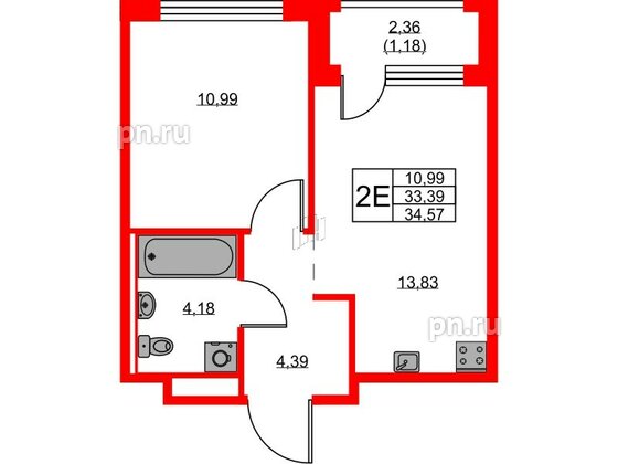 Квартира в ЖК «Новоселье», 1 комнатная, 34.57 м², 9 этаж