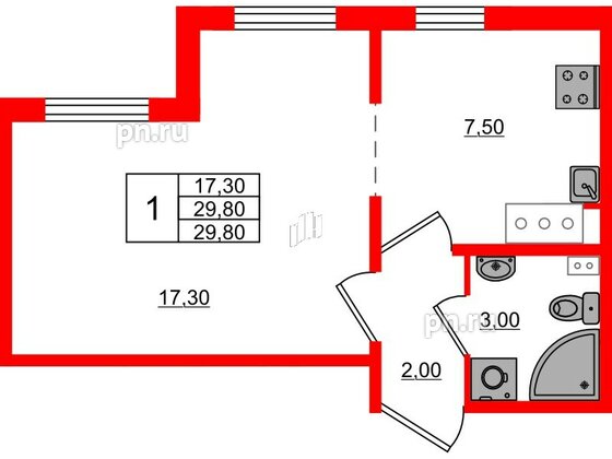 Квартира в ЖК 'Цветной город', 1 комнатная, 29.8 м², 4 этаж