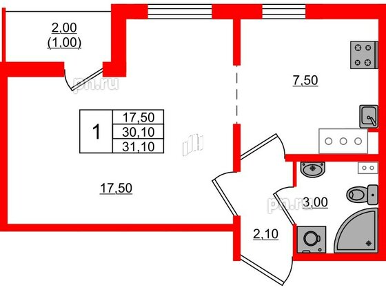 Квартира в ЖК 'Цветной город', 1 комнатная, 31.1 м², 16 этаж