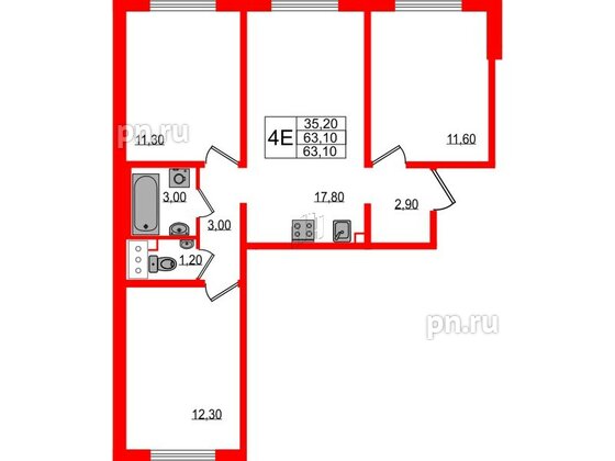 Квартира в ЖК 'Цветной город', 3 комнатная, 63.1 м², 2 этаж