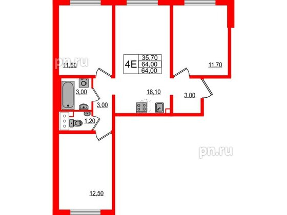 Квартира в ЖК «Цветной город», 3 комнатная, 64 м², 6 этаж