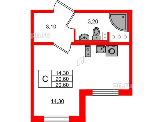 Квартира в ЖК 'Цветной город', студия, 20.6 м², 3 этаж