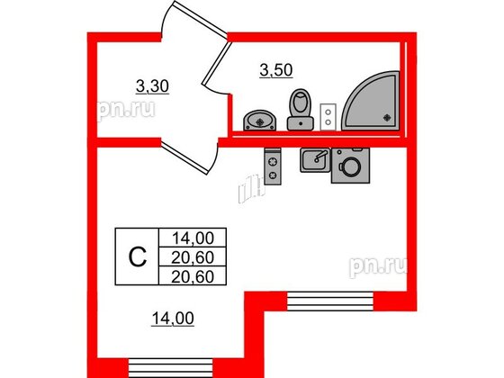 Квартира в ЖК 'Цветной город', студия, 20.6 м², 2 этаж