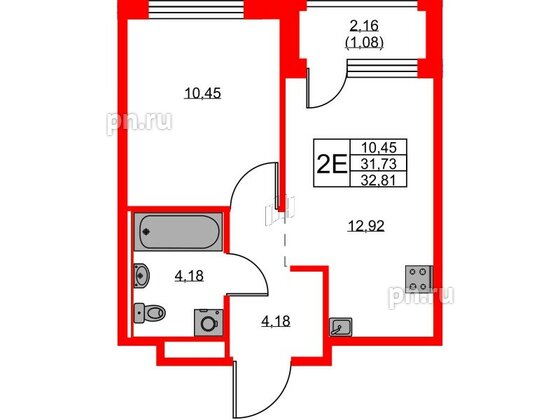 Квартира в ЖК GloraX Новоселье, 1 комнатная, 32.81 м², 9 этаж