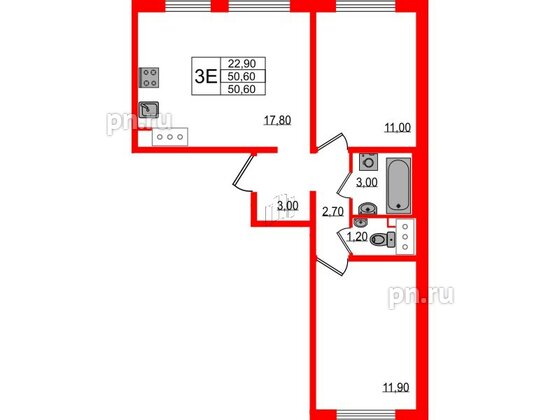 Квартира в ЖК 'Цветной город', 2 комнатная, 50.6 м², 5 этаж