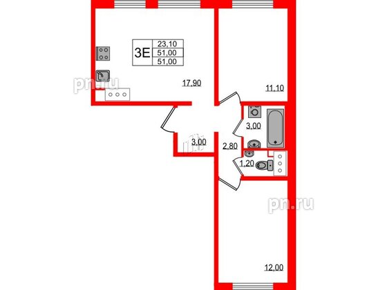 Квартира в ЖК 'Цветной город', 2 комнатная, 51 м², 13 этаж