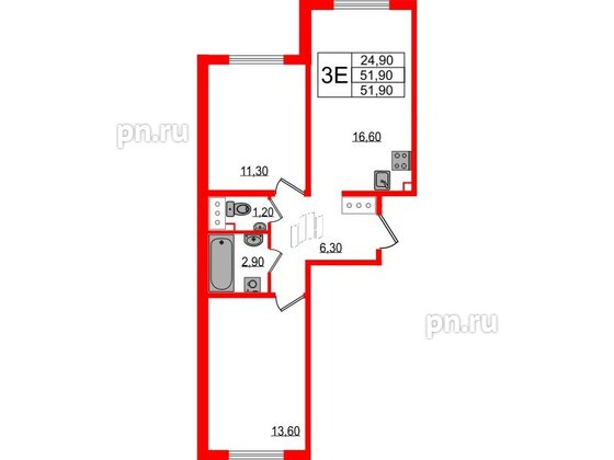 Квартира в ЖК 'Цветной город', 2 комнатная, 51.9 м², 11 этаж